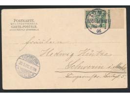 5 Pf. mit  Unterrand  mit Strichelleiste auf Ansichtskarte "Aufzug zum Tanz" nach Schwerin, Stempel  Lome  12.9.06, Ankunftst