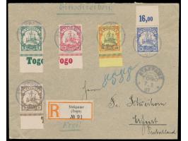 3 Pf. bis 25 Pf. auf  Einschreibbrief  nach Erfurt, jeweils zentrischer Stempel  Atakpame  7.3.07, alle Marken mit anhängende