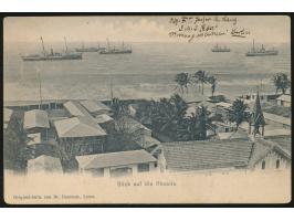 10 Pf. auf Ansichtskarte "Blick auf die Rheede" von Lome, Gitterstempel  Lome  2.7.10, nach Leipzig, rückseitig Absenderangab