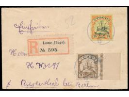 2 x seltener Stempel  Agu  25.1.13 auf  Einschreibbrief  mit 3 Pf. und 25 Pf. nach Biesenthal,  Aushilfs-R-Zettel  "Lome (Tog