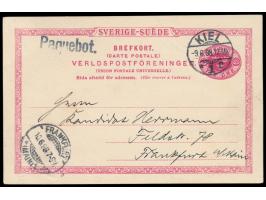Schweden-Ganzsache  10 Öre mit Stempel  Kiel 1  9.6.98 und L1  Paquebot,  geschrieben in Göteborg, Ankunftstempel Frankfurt (