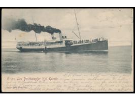 Rahmenstempel  Korsör - Kiel / DPSK. Postkt. / No. 4   5.8.auf Ansichtskarte "Gruss vom Postdampfer Kiel - Korsör", Frankatur