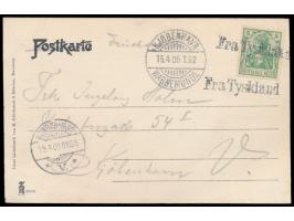 2 x L1  Frankfurt Tyskland  und Stempel  Kjöbenhavn - Warnemünde  15.4.05 T.92 auf Ansichtskarte Rostock mit Dt. Reich 5 Pf. 