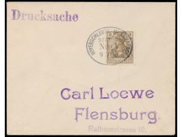 Ovalstempel  Hoyerschleuse - Munkmarsch Seepost No. 1  9.7.08 auf Drucksache mit 3 Pf. Germania nach Flensburg
Postleitzahl: 