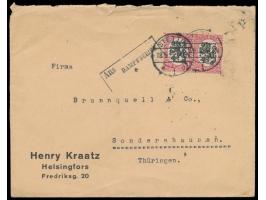 Firmenbrief aus Helsinki nach Sondershausen, 2 x  Finnland  1 M. mit Stempel  Stettin 1  18.5.25 entwertet, daneben schwarzer