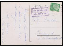 violetter R2 &nbsp;Mit Schiffspost / MS Pellworm &nbsp;auf Ansichtskarte &quot;Petersens Gasthof Hooger Fähre, Nordseeinsel P