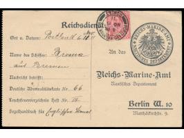 Rückantwortkarte an das  Reichs-Marine-Amt  / Nautisches Departement  in Berlin, aus Großbritannien mit 1 d.-Frankatur, Stemp