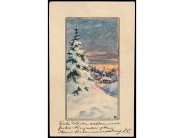 Postkarte aus dem sibirischem Kriegsgefangenlager Chabarowsk nach Wien, rückseitig dekorative  mehrfarbige Tuschezeichnung  (