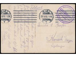 Briefstempel Kaiserliche Marine /  Kommando S. M. Hilfskr. "Mecklenburg"  und Maschinenstempel Kiel 1 23.3.15 auf Feldpostkar