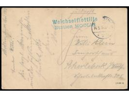 Stempel  Modlin  14.5.16 und blauer L2  Weichselflottille / Station Modlin  auf Ansichtskarte nach Scherlebeck, Bedarf
Stichw