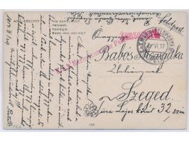 Feldpostkarte mit Stempel K. u. k. Marinefeldpostamt Pola 22.6.17 nach Szeged, seltener rotvioletter L1  K. u. k. Marinefeuer