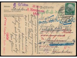 Postkarte aus Strehlen 2.7.1934 an einen Matrosen in Stralsund, mehrfach weitergeleitet nach Kiel, Flensburg, handschriftlich