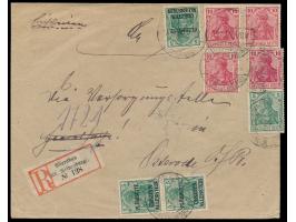 Mischfrankatur 3 x 1. Ausgabe 5 Pf. mit  Mitläufer  Dt. Reich 5 Pf. und 4 x 10 Pf. (3 x etwas über den Briefrand frankiert, d