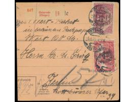 2. Ausgabe 1 M. und 2,50 M. auf  Wert-Paketkarte  mit Wertangabe 160 M., roter Wert-Nummernzettel, Stempel  Osterode (Ostpr.)