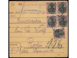 2. Ausgabe 5 x 50 Pf. (2 Marken durch Randklebung beschädigt) vorderseitig auf  Wert-Paketkarte  mit rotem Wert-Nummernzettel