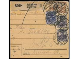 2. Ausgabe 2 x 15 Pf., 20 Pf. und 150 M. (Zähnung wegen Randklebung bestoßen) vorderseitig auf &nbsp;Paketkarte &nbsp;nach Be