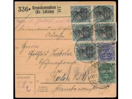 2. Ausgabe 5 Pf., 20 Pf. und 5 x 75 Pf. komplett vorderseitig auf  Paketkarte,  seltener Postagentur-Stempel  Grosskonopken (