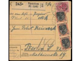 2. Ausgabe 10 Pf., 3 x 30 Pf.  vorderseitig und 2,50 M. rückseitig auf  Paketkarte  mit Wertangabe 100 Mark, sehr seltener Po