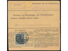 2. Ausgabe 2 x 75 Pf. (1 x rückseitig) und 2,50 M. auf  Paketkarte  mit seltenem Postagentur-Stempel  Sybba (Kr. Lyck)  19.6.