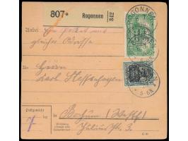 2. Ausgabe 75 Pf. und 1,25 M. auf  Paketkarte  mit Einkreisstempel der Postagentur  Ragonnen  8.7.20, nach Bochum, Ankunftste