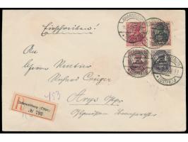 Mischfrankatur 10 Pf., 15 Pf. violett und  15 Pf. braun  und 50 Pf. auf  Einschreibbrief  mit Stempel  Johannisburg (Ostpr.) 