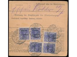 1. Ausgabe 5 x 20 Pf. rückseitig und 2. Ausgabe 5 x 20 Pf. vorderseitig als wertstufengleiche Mischfrankatur auf  Paketkarte 