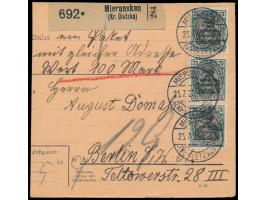 2. Ausgabe 50 Pf. und 4 x 75 Pf. beidseitig auf &nbsp;Wert-Paketkarte &nbsp;(Wertangabe 100 Mark), Stempel der Postagentur &n