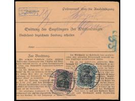 2. Ausgabe 50 Pf. und 4 x 75 Pf. beidseitig auf &nbsp;Wert-Paketkarte &nbsp;(Wertangabe 100 Mark), Stempel der Postagentur &n