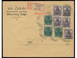 Mischfrankatur 1. Ausgabe 5 x 15 Pf. violett und 2. Ausgabe 3 x 5 Pf. auf  Einschreibbrief  mit Stempel  Wartenburg (Ostpr.) 