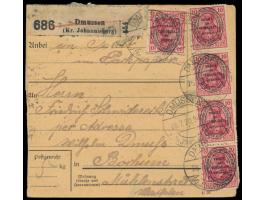 2. Ausgabe 5 x 10 Pf. und 10 x 15 Pf. (rückseitig) auf  Paketkarte  mit sehr seltenem Stempel der Postagentur  Dmussen (Kr. J