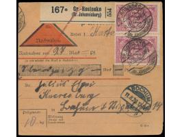 2. Ausgabe 2 x 2,50 M. auf  Nachnahme-Paketkarte  mit Stempel der Postagentur  Gr. Rosinsko (Kr. Johannisburg)  31.7.20 nach 