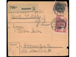 2. Ausgabe 50 Pf. und 3 x 1 M. beidseitig auf  Paketkarte  mit Wertangabe 90 Mark (vorderseitige Marken beschädigt), sehr sel