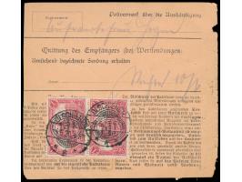 2. Ausgabe 50 Pf. und 3 x 1 M. beidseitig auf  Paketkarte  mit Wertangabe 90 Mark (vorderseitige Marken beschädigt), sehr sel