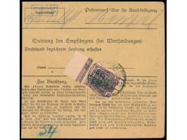 2. Ausgabe 50 Pf. (Unterrandmarke mit Teil-HAN) rückseitig und 1,50 M. vorderseitig auf  Paketkarte,  seltener Stempel der Po