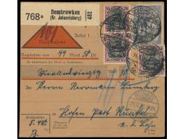 2. Ausgabe 3 x 50 Pf. (1 x Zähnung bestoßen) und 3 M. (beschädigt) vorderseitig auf &nbsp;Nachnahme-Paketkarte &nbsp;mit selt