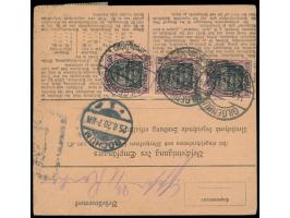2. Ausgabe 3 x 50 Pf. rückseitig und 2 x 1,25 M. vorderseitig auf  Paketkarte  mit Stempel des Postamts III. Klasse  Gilgenbu
