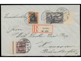 1. Ausgabe 15 Pf., 30 Pf. und 3 M. (rechts Seitenrand mit Passerkreuz) auf  Einschreibbrief,  Stempel  Alt Ukta a  24.8.20, n