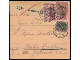 2. Ausgabe 50 Pf. und 2 x 2,50 M. auf  Wert-Paketkarte  (Wertangabe 100 Mark), Stempel  Neidenburg c  1.9.20, nach Berlin, An