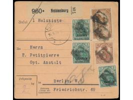 1. Ausgabe 3 x 5 Pf. und 1,50 M. als Aufbrauchsverwendung und 35 Pf. (ohne Aufdruck) auf  Paketkarte  nach Berlin, alle Marke