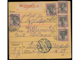 Wert-Paketkarte  mit vorderseitig 5 x  Dt. Reich  50 Pf. (1 x beschädigt), und rückseitig Massenfrankatur von  2. Ausgabe  20