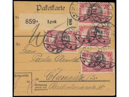 2. Ausgabe 4 x 1 M. vorderseitig auf  Paketkarte  mit Stempel  Lyck g  24.9.20 nach Chemnitz, Aufbrauchsverwendung im Innendi
