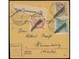 Paketkarte  mit vorderseitiger Frankatur 1. Mailänder Ausgabe 5 Pf. 20 Pf. und 1 M., Balken-Stempel und Ortsstempel-Entwertun
