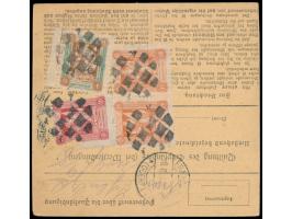 1. Mailänder Ausgabe 10 Pf. (beschädigt), 2 x 20 Pf. und 3 x 1 M. beidseitig auf  Paketkarte,  Korkstempel-Entwertung und Ort