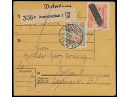Paketkarte  mit vorderseitiger Frankatur 1 M. (1. Mailänder Ausgabe) mit Ortsstempel  Deutsch Eylau 1 c  1.9.20 und 3 M. (2. 