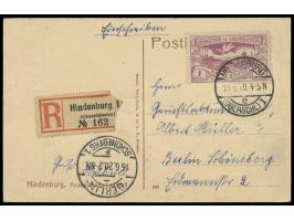 Einzelfrankatur 1 Mark auf  Einschreibkarte  (Ansichtskarte Hindenburg - Knappschafts-Lazarett) mit seltenem Stempel  Hindenb