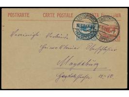 Stempel  Groschowitz (Kr. Oppeln)  16.3.21, zwei Abschläge auf Ganzsache 10 Pf. mit Zusatzfrankatur 20 Pf. an "Vereinigte Ver