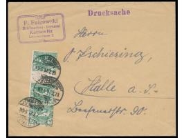 senkrechter Dreierstreifen 5 Pf. &nbsp;mit Zwischensteg &nbsp;auf Drucksache, Gitterstempel &nbsp;Kattowitz (Oberschl.) f &nb