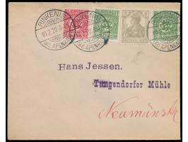 Stempel  Rinkenis (Kr. Apenrade)  10.2.20 auf Brief mit gestempelter Adresse nach Neumünster, Mischfrankatur 2 x 5 Pf. und 10