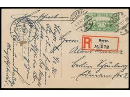 Einzelfrankatur 5 Mark auf  Einschreib-Postkarte (Ansicht Hoyerschleuse) mit Stempel  Hoyer  4.3.20 nach Berlin-Schöneberg, A