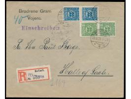 2 x 5 Pf. (eine Marke kleiner Eckfehler) und 2 x 20 Pf. auf Einschreibbrief mit Stempel  Woyens  23.3.20 nach Halle,  R-Zette